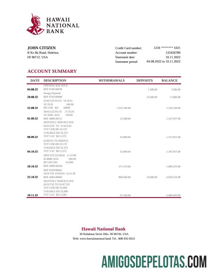 Extrato do Banco Nacional do Havaí para impressão em Excel e modelo PDF